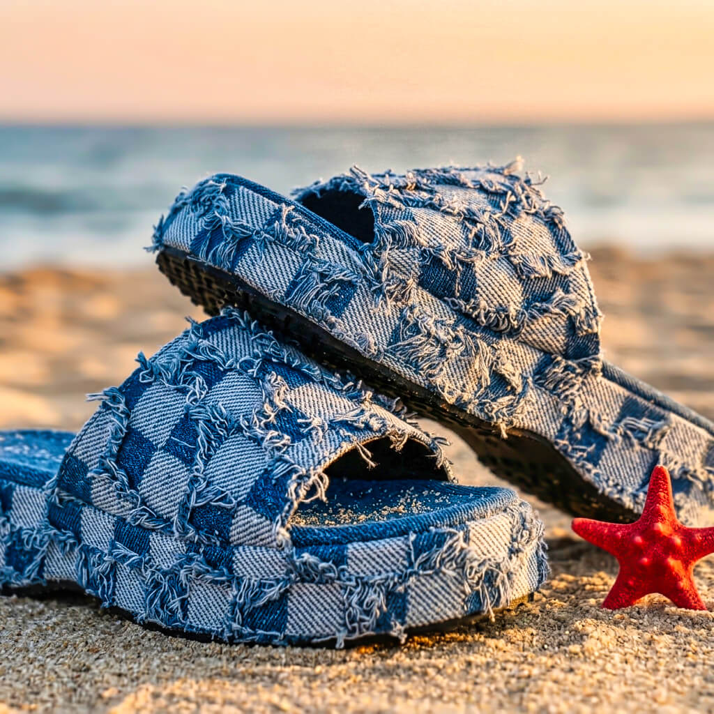 Riley Checkered Denim Slides
